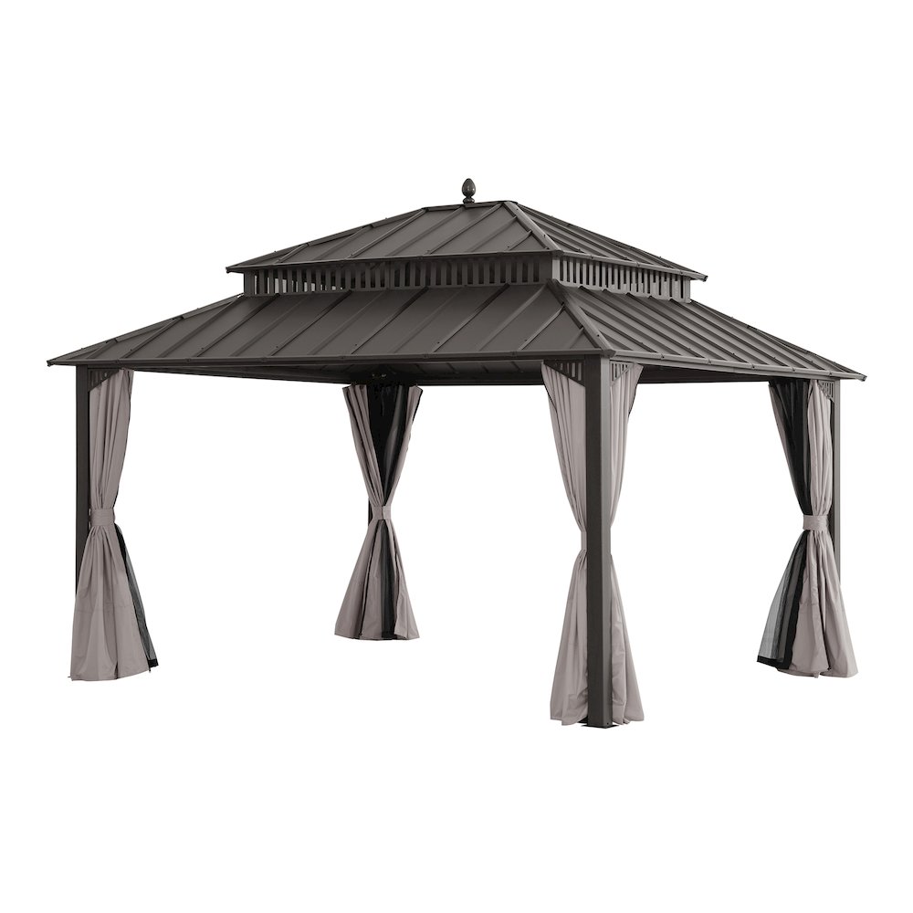 14 ft x 12 ft Aluminum Frame Steel Double Roof Hardtop Rectangular Gazebo, Brown. Picture 1