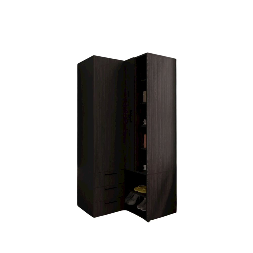 Corner Armoire With Double Doors, Interior Shelves, Space-Saving Wardrobe, Black. Picture 1