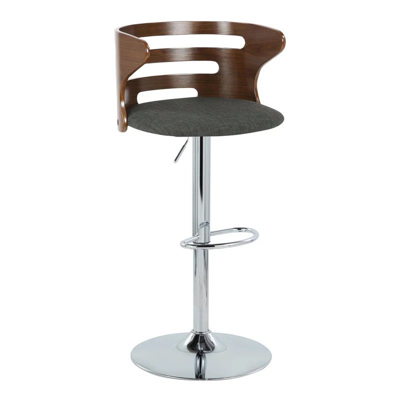 Chrome Metal, Walnut Wood, Charcoal Fabric Curvo Adjustable Barstool - Set of 2. Picture 1
