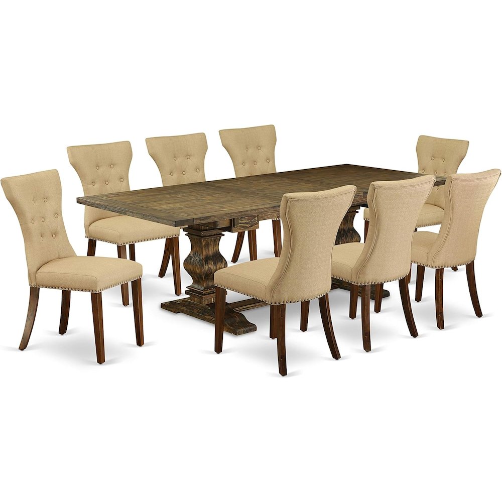 9 Piece Dining Table Set Includes a Rectangle Dining Room Table with Removable Leaf and 8 Brown Linen Fabric Upholstered Chairs, 42x92 Inch, Jacobean. Picture 1