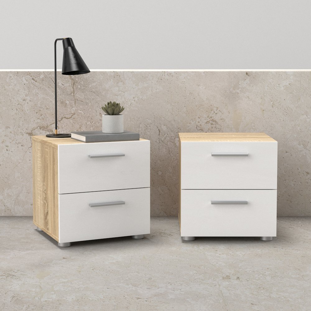 Austin 2 Drawer Nightstand - Set of 2, Oak/White High Gloss. Picture 2