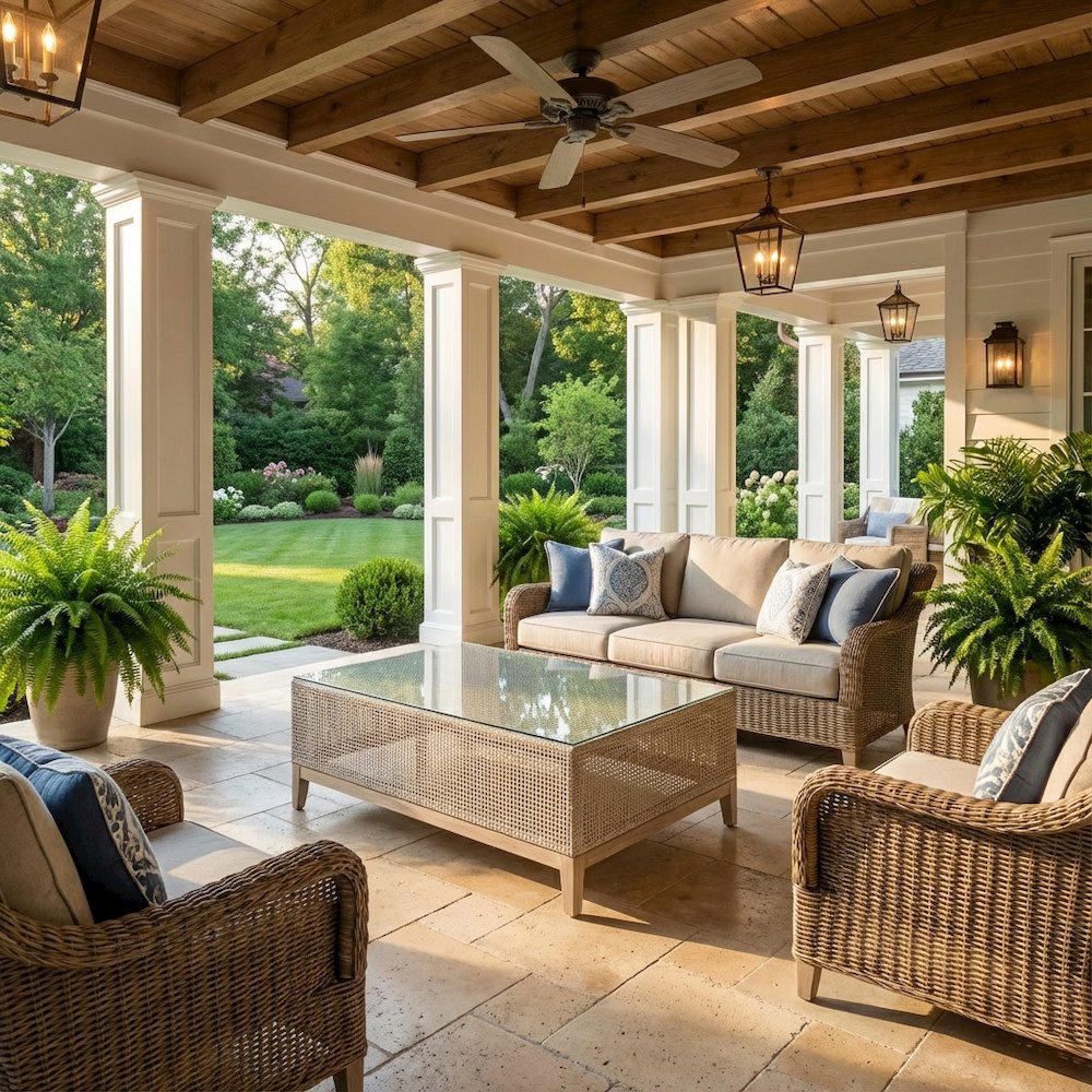 White Transitional Outdoor Coffee Table, Teak Wood Frame, Tempered Glass Surface. Picture 3