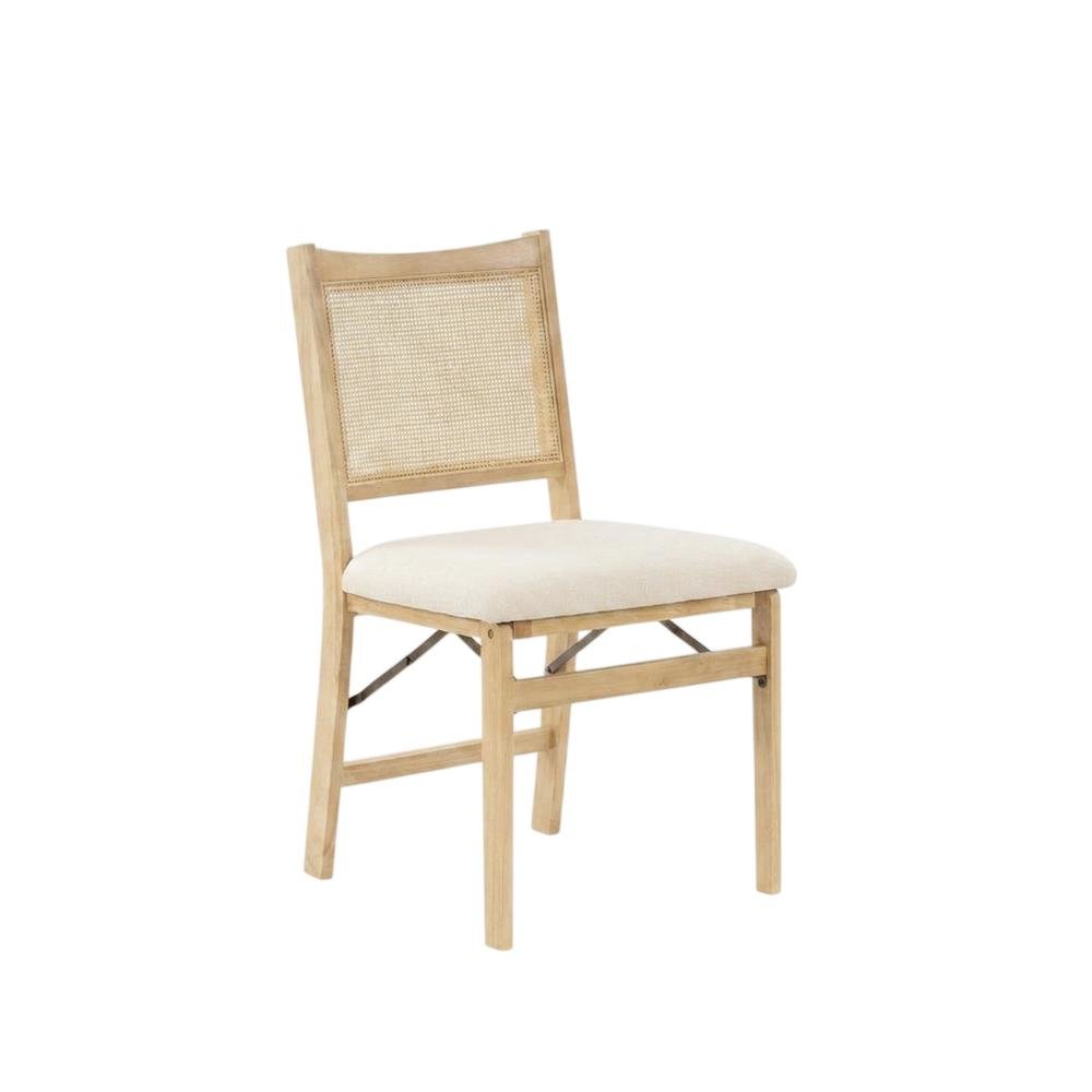 Beige Rattan Cane Folding Dining Side Chair with Polyester Fabric Seat. Picture 1