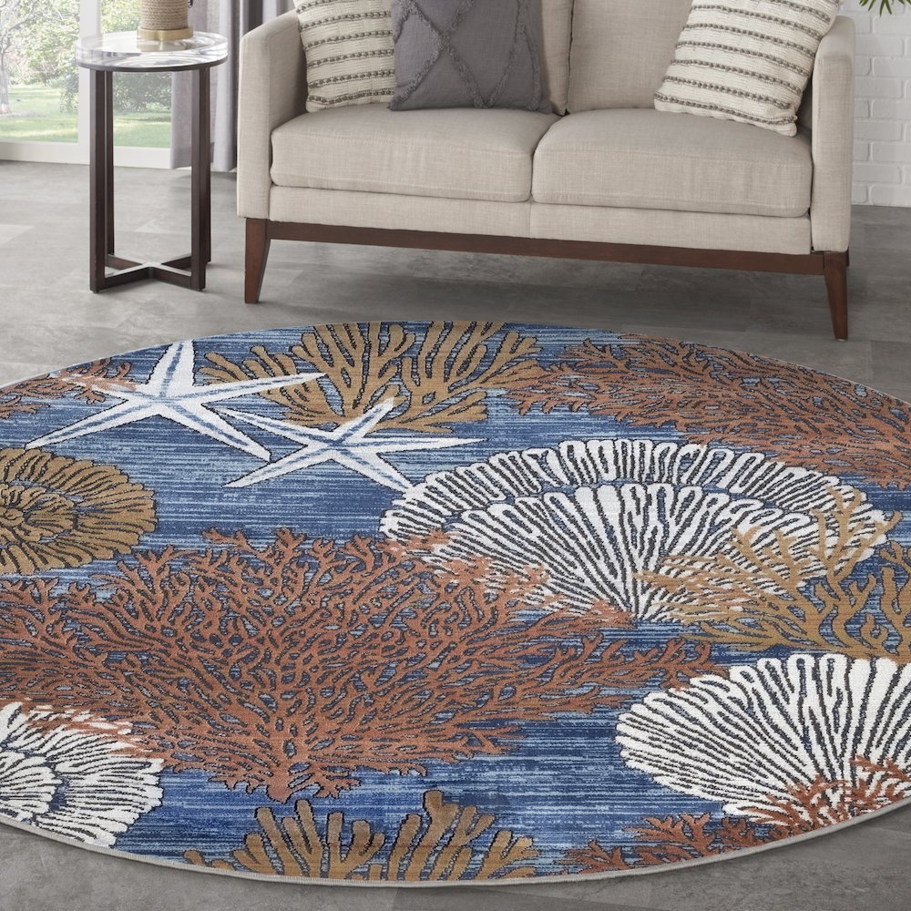 Pompeii 5'3" x Round Blue Multicolor Coastal, Nautical & Beach Indoor Rug. Picture 2