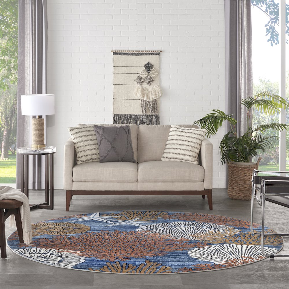 Pompeii 5'3" x Round Blue Multicolor Coastal, Nautical & Beach Indoor Rug. Picture 9