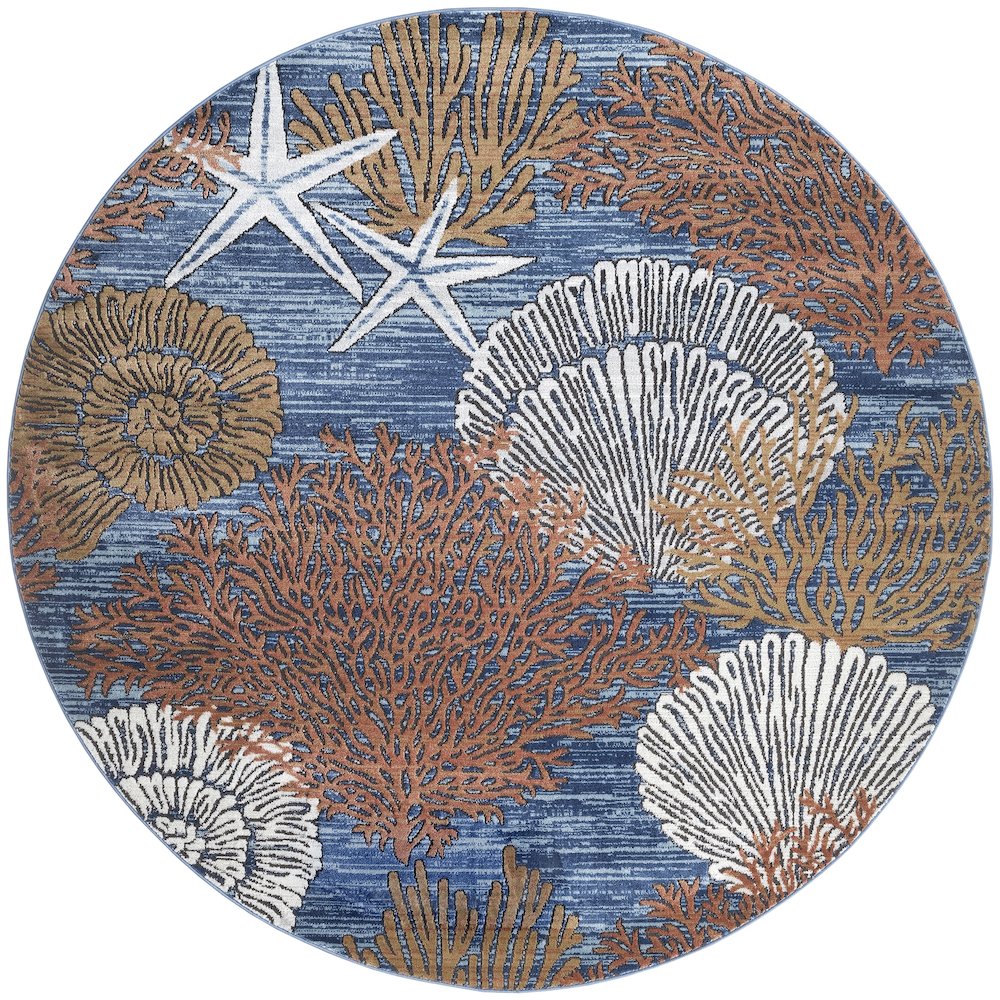 Pompeii 5'3" x Round Blue Multicolor Coastal, Nautical & Beach Indoor Rug. Picture 1