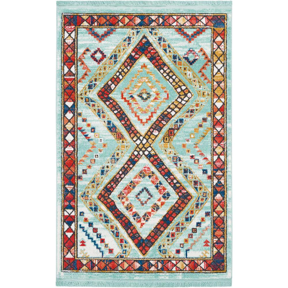 Tribal Decor Area Rug, Aqua, 3'11" x 6'2". Picture 1