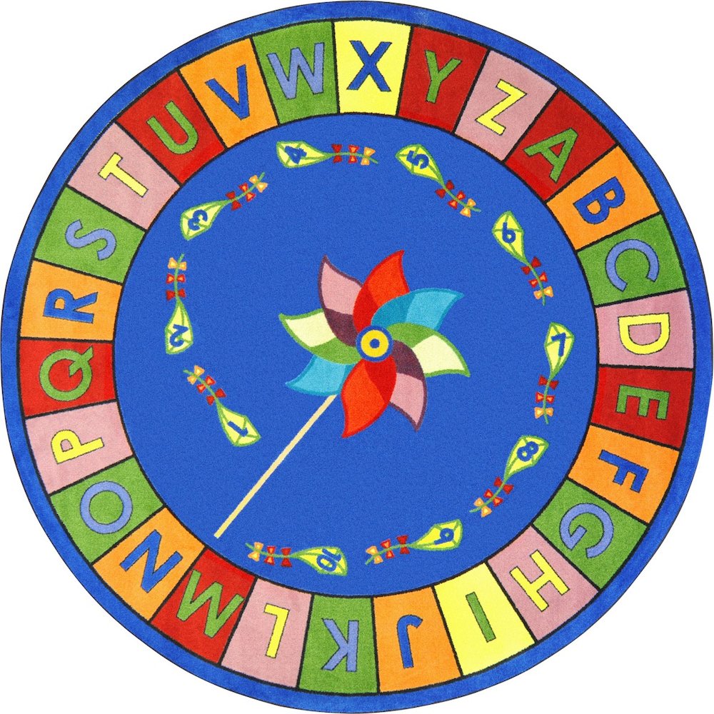 Kid Essentials Alphabet Pinwheel 5'4" Round Area Rug in Color Multi. Picture 1