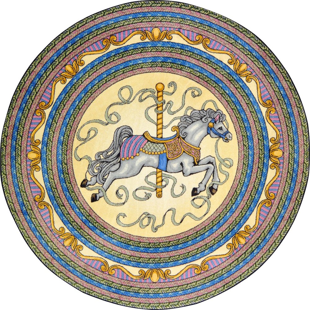 Kid Essentials Carousel 5'4" Round Area Rug in Color Yellow. Picture 1