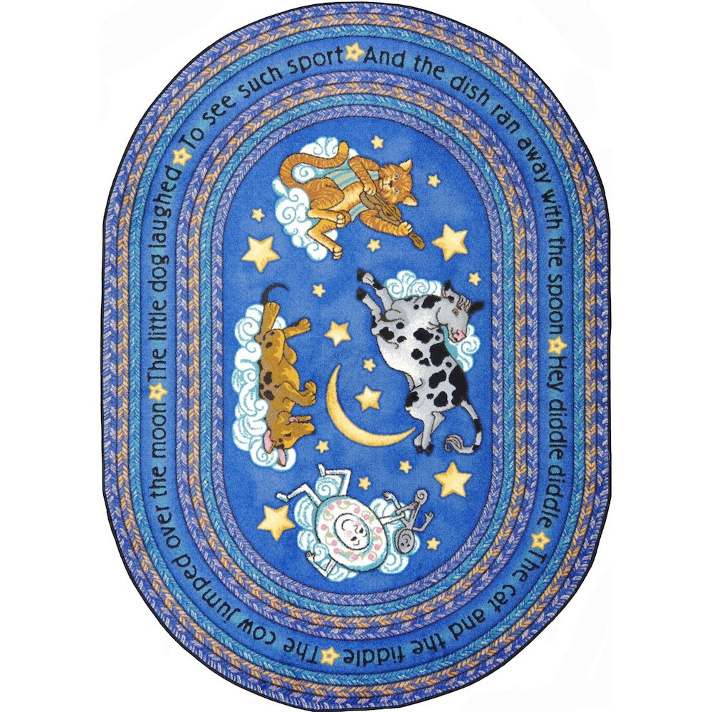 Kid Essentials Hey Diddle Diddle 5'4" x 7'8" Oval Area Rug in Color Blue. Picture 1