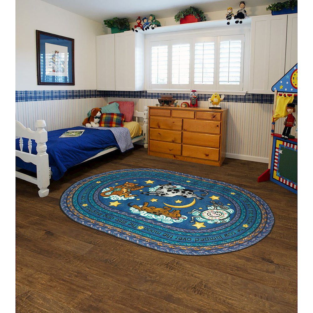 Kid Essentials Hey Diddle Diddle 7'8" x 10'9" Oval Area Rug in Color Blue. Picture 2