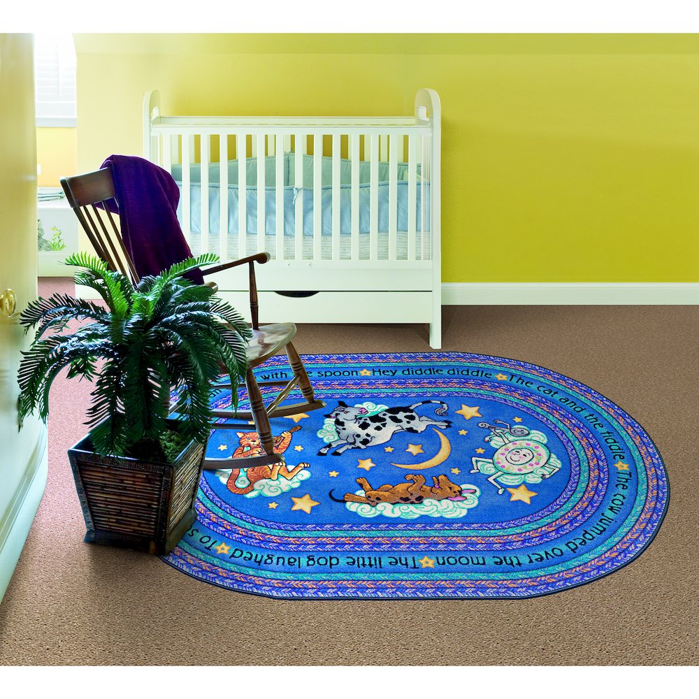 Kid Essentials Hey Diddle Diddle 7'8" x 10'9" Oval Area Rug in Color Blue. Picture 3