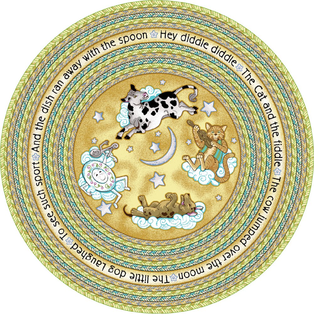 Kid Essentials Hey Diddle Diddle 5'4" Round Area Rug in Color Yellow. Picture 1
