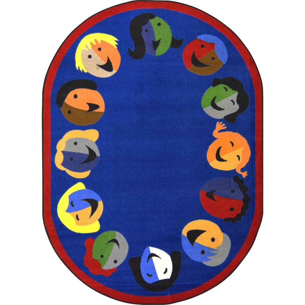 Kid Essentials Joyful Faces 7'8" x 10'9" Oval Area Rug in Color Blue. Picture 1