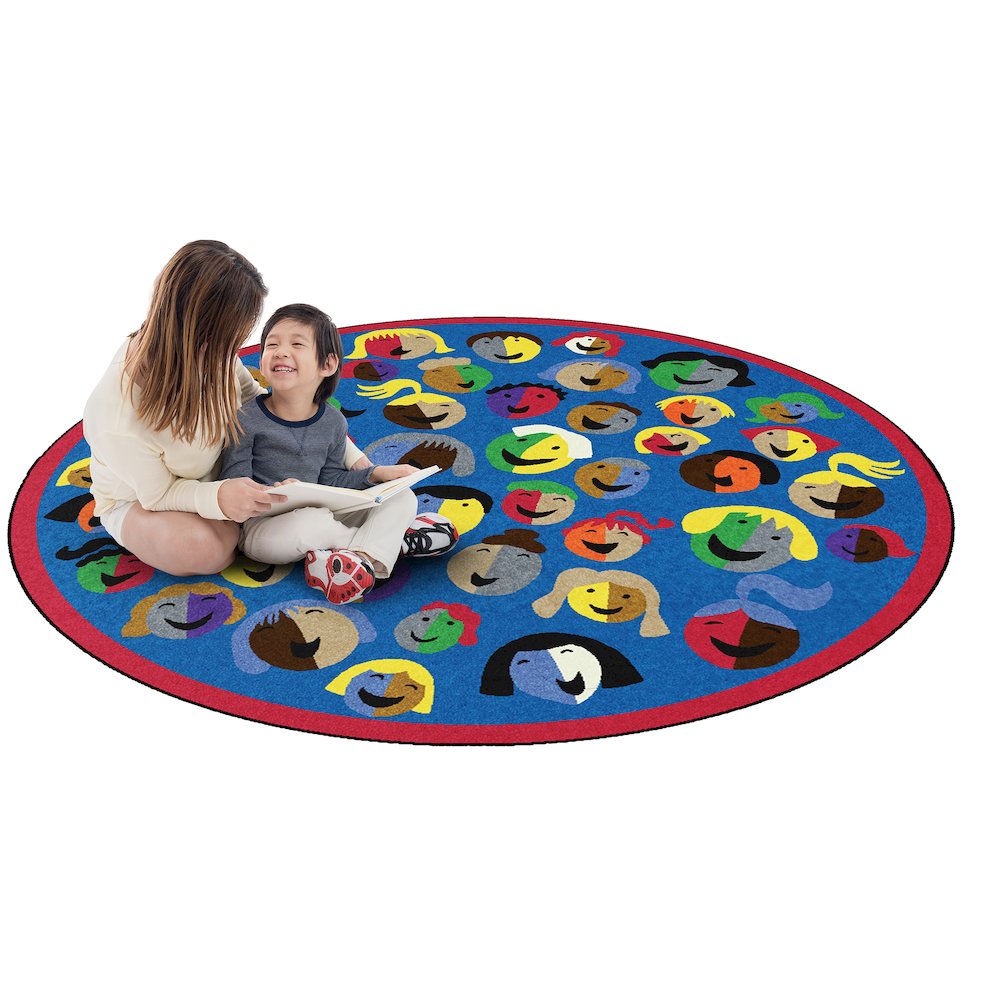 Kid Essentials Joyful Faces 7'7" Round Area Rug in Color Blue. Picture 2