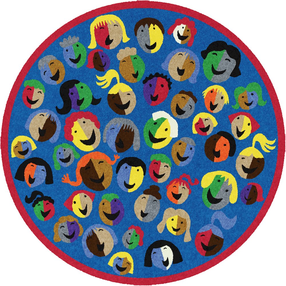 Kid Essentials Joyful Faces 7'7" Round Area Rug in Color Blue. Picture 1