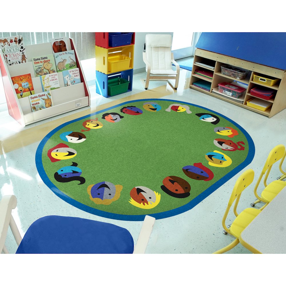 Kid Essentials Joyful Faces 10'9" x 13'2" Oval Area Rug in Color Green. Picture 3