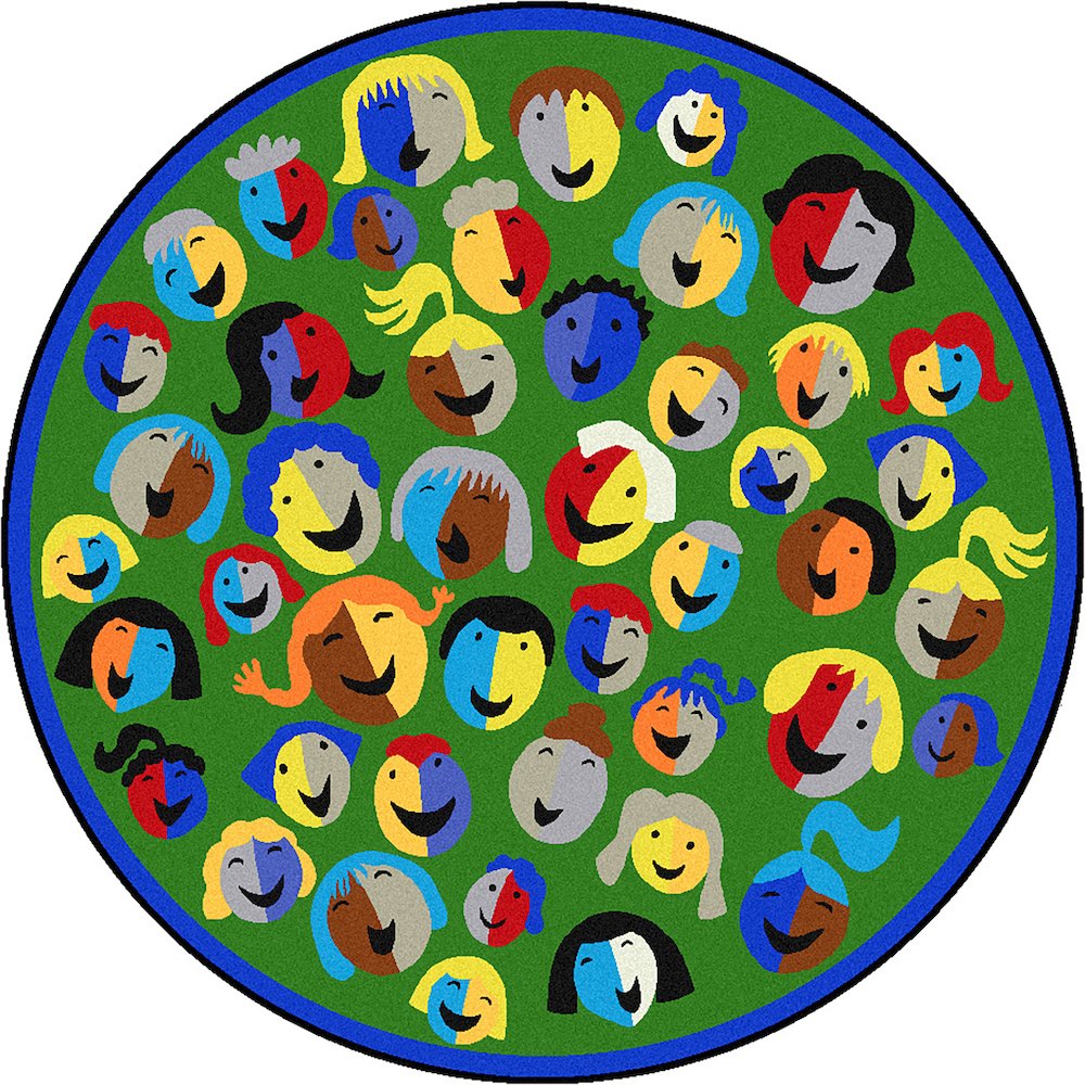 Kid Essentials Joyful Faces 7'7" Round Area Rug in Color Green. Picture 1