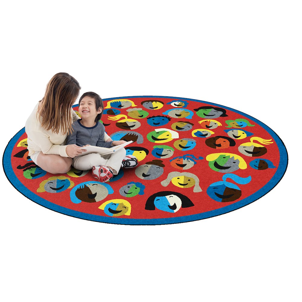 Kid Essentials Joyful Faces 7'7" Round Area Rug in Color Red. Picture 2