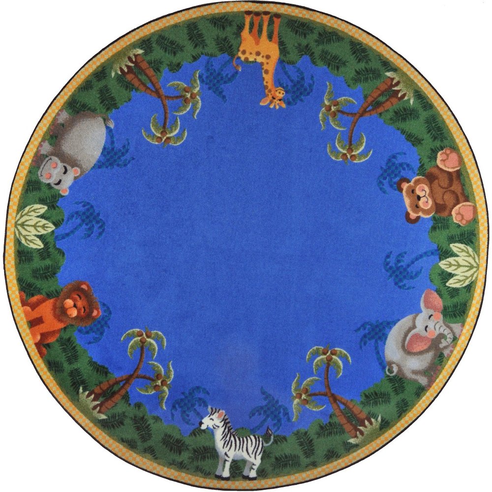 Kid Essentials Jungle Friends 5'4" Round Area Rug in Color Multi. Picture 1