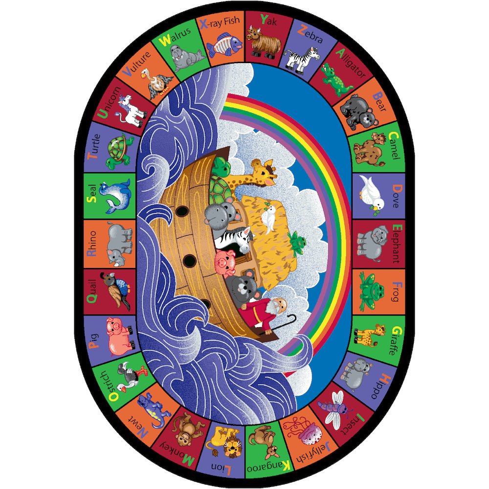 Kid Essentials Noah's Alphabet Animals 7'8" x 10'9" Oval Area Rug in Color Multi. Picture 1