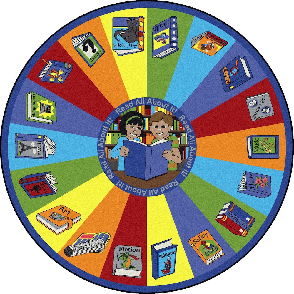 Kid Essentials Read All About It 5'4" Round Area Rug in Color Multi. Picture 1