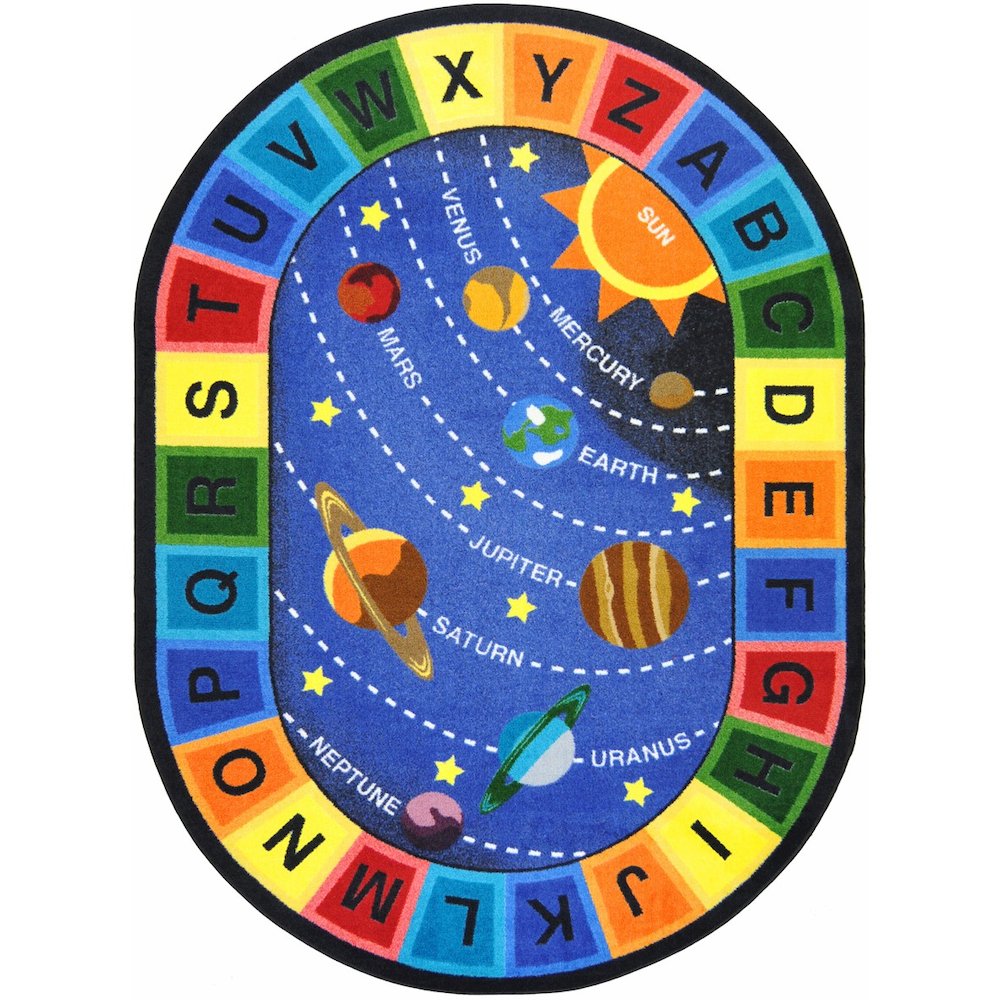 Kid Essentials Space Alphabet 7'8" x 10'9" Oval Area Rug in Color Multi. Picture 1