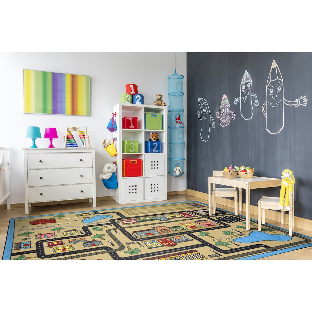 Kid Essentials Tiny Town 7'8" x 10'9" Area Rug in Color Sandstone. Picture 3