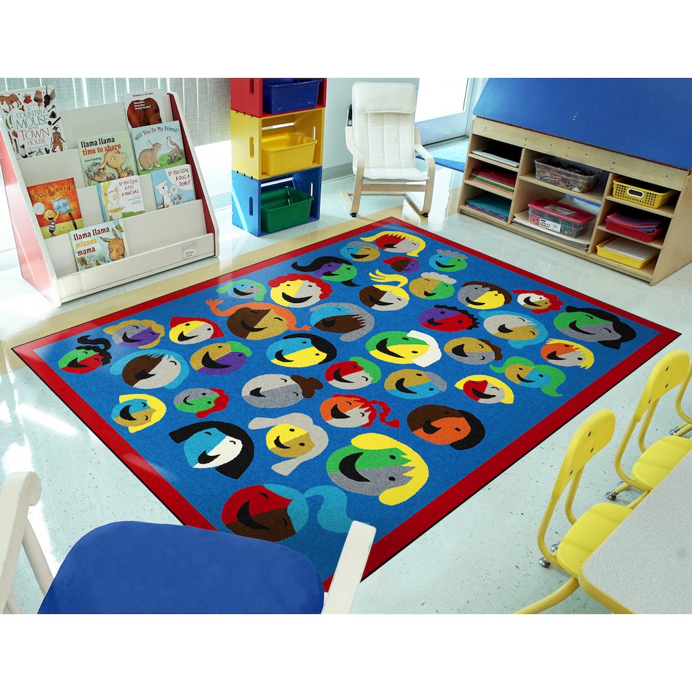 Kid Essentials Joyful Faces 7'8" x 10'9" Area Rug in Color Blue. Picture 3