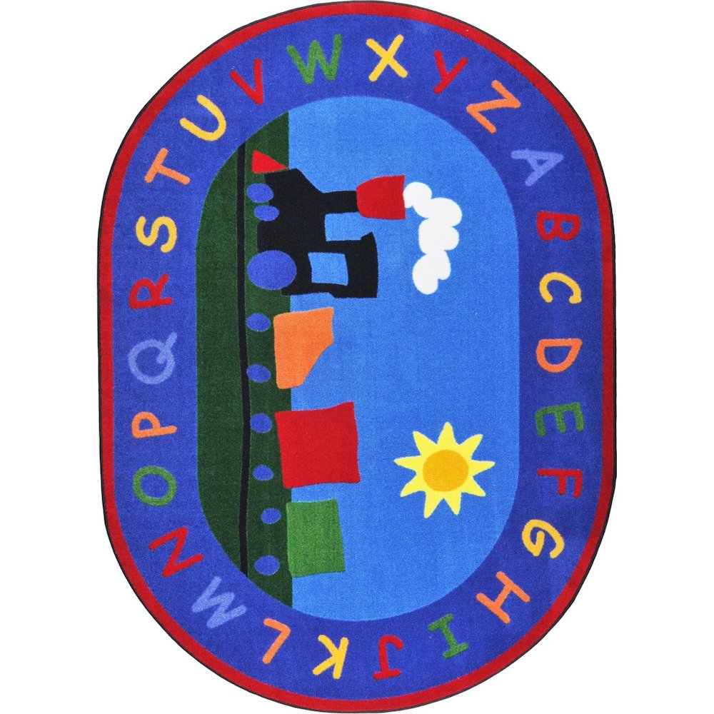 Kid Essentials Tiny Train 10'9" x 13'2" Oval Area Rug in Color Multi. Picture 1