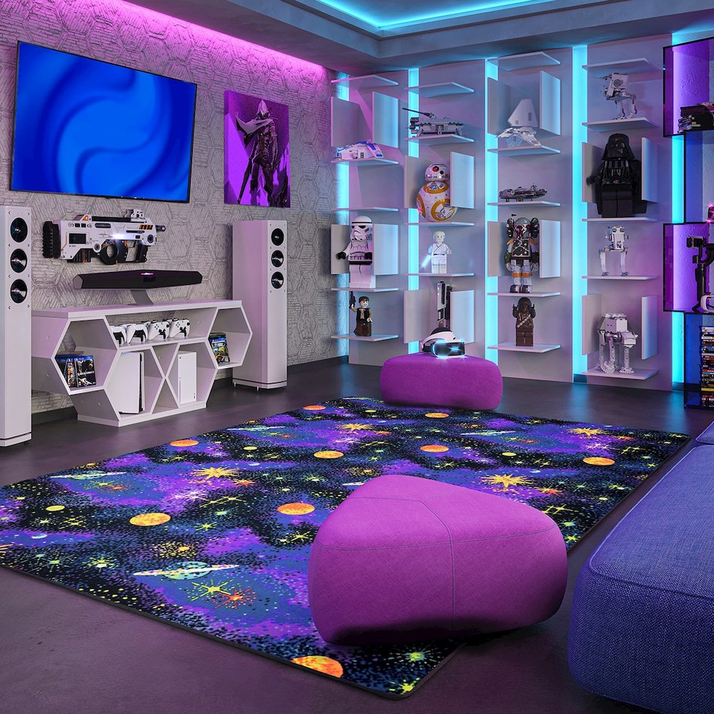 Neon Lights Space Explorer 12' x 6' Area Rug in Color Fluorescent. Picture 3
