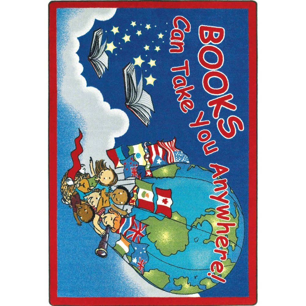 Books Can Take You Anywhere 10'9" x 13'2" Oval Area Rug in Color Sky Blue. Picture 1
