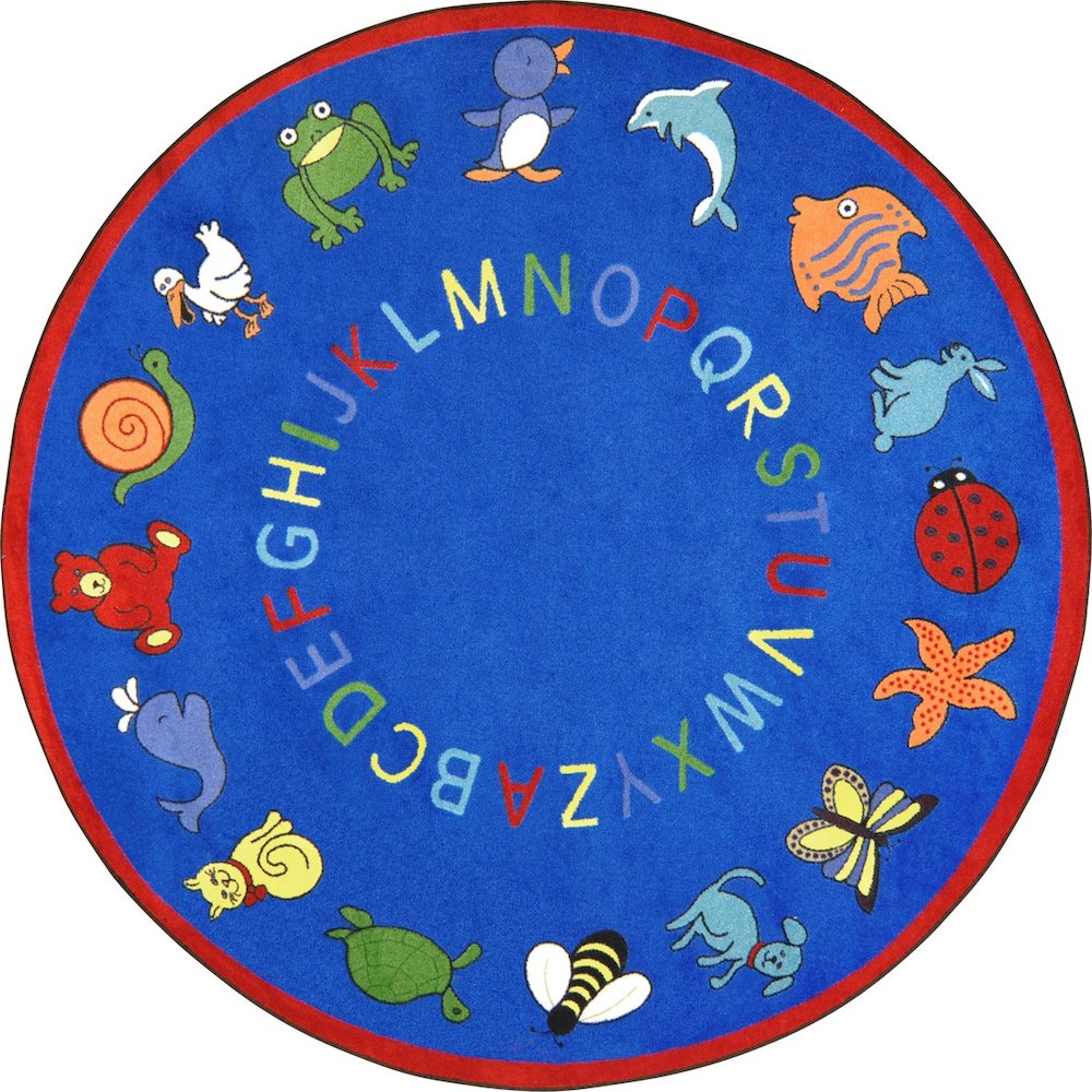 Kid Essentials ABC Animals 7'7" Round Area Rug in Color Blue. Picture 1