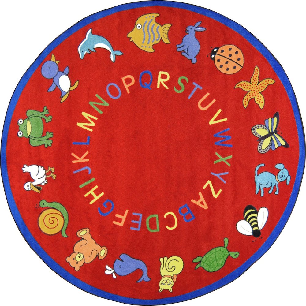 Kid Essentials ABC Animals 7'7" Round Area Rug in Color Red. Picture 1