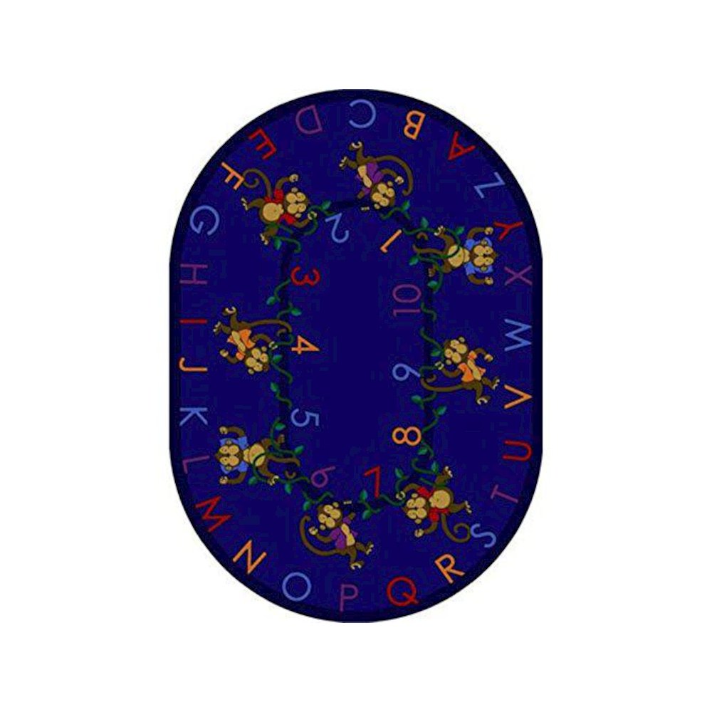 Kid Essentials Monkey Business 7'7" Round Area Rug in Color Blue. Picture 1