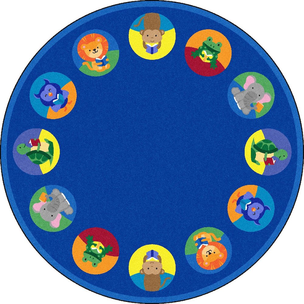 Kid Essentials Animal Readers 7'7" Round Area Rug in Color Multi. Picture 1