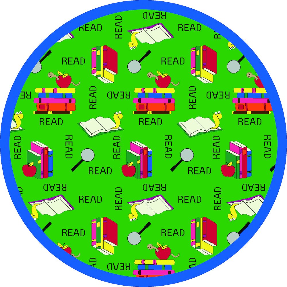 Kid Essentials Bookworm 7'7" Round Area Rug in Color Green. Picture 1