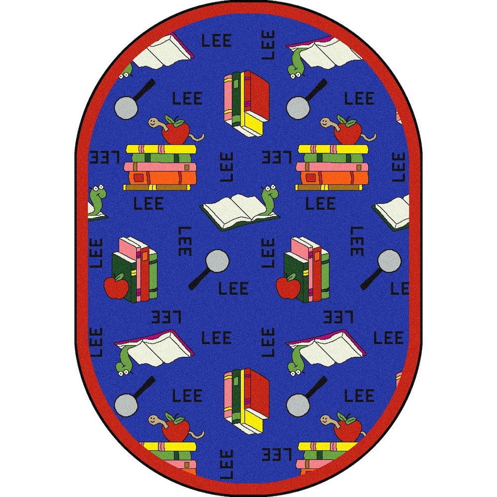 Kid Essentials Bookworm (Spanish) 5'4" x 7'8" Oval Area Rug in Color Blue. Picture 1