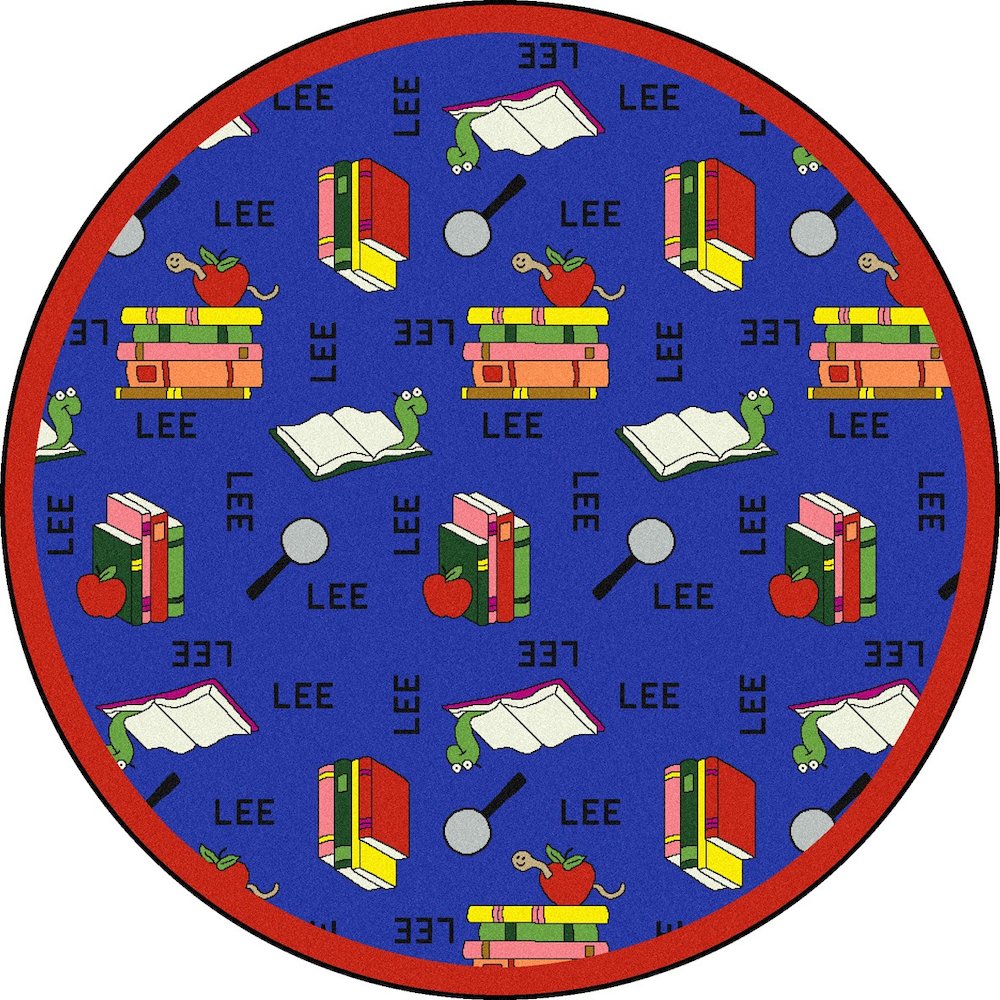 Kid Essentials Bookworm (Spanish) 7'7" Round Area Rug in Color Blue. Picture 1