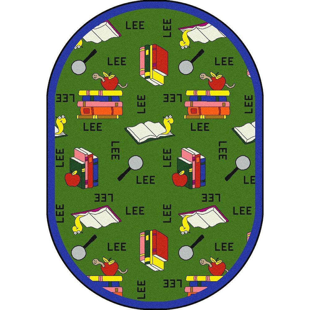 Kid Essentials Bookworm (Spanish) 5'4" x 7'8" Oval Area Rug in Color Green. Picture 1