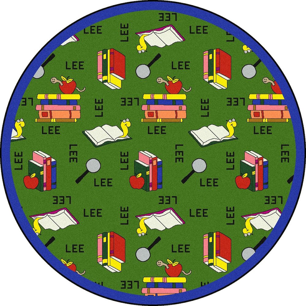 Kid Essentials Bookworm (Spanish) 7'7" Round Area Rug in Color Green. Picture 1