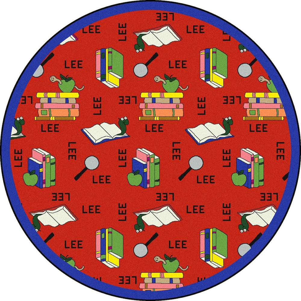 Kid Essentials Bookworm (Spanish) 7'7" Round Area Rug in Color Red. Picture 1