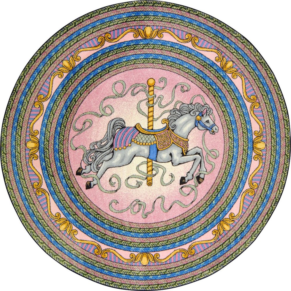 Kid Essentials Carousel 7'7" Round Area Rug in Color Pink. Picture 1