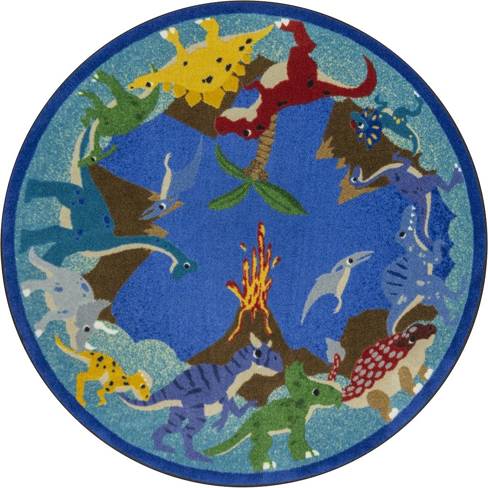 Kid Essentials Dino Parade 7'7" Round Area Rug in Color Multi. Picture 1