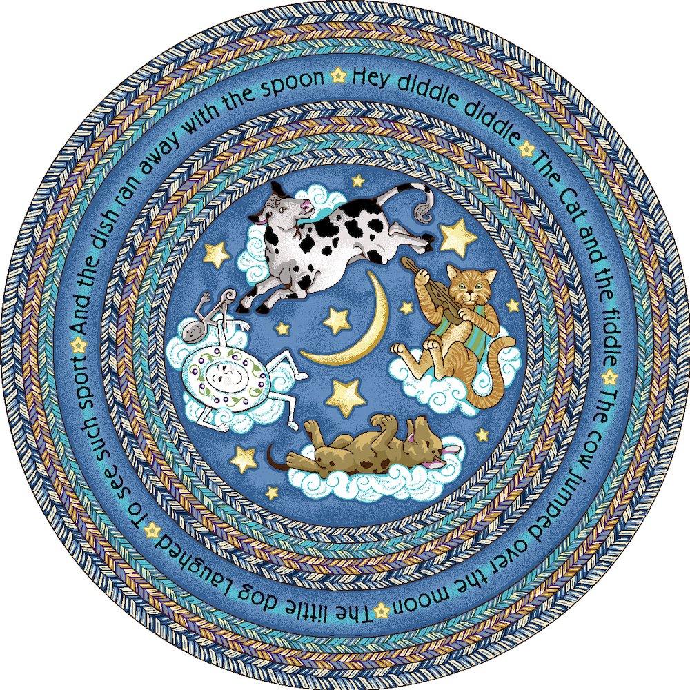 Kid Essentials Hey Diddle Diddle 7'7" Round Area Rug in Color Blue. Picture 1