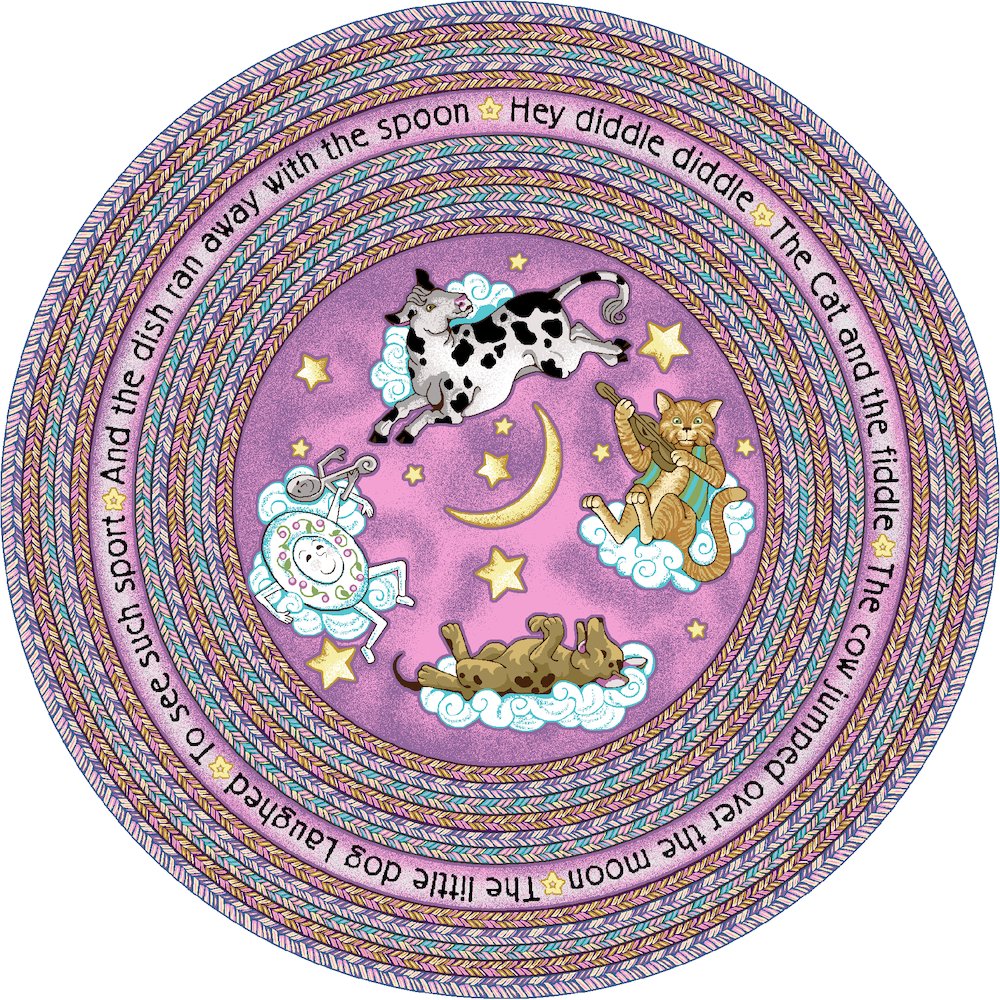 Kid Essentials Hey Diddle Diddle 7'7" Round Area Rug in Color Pink. Picture 1