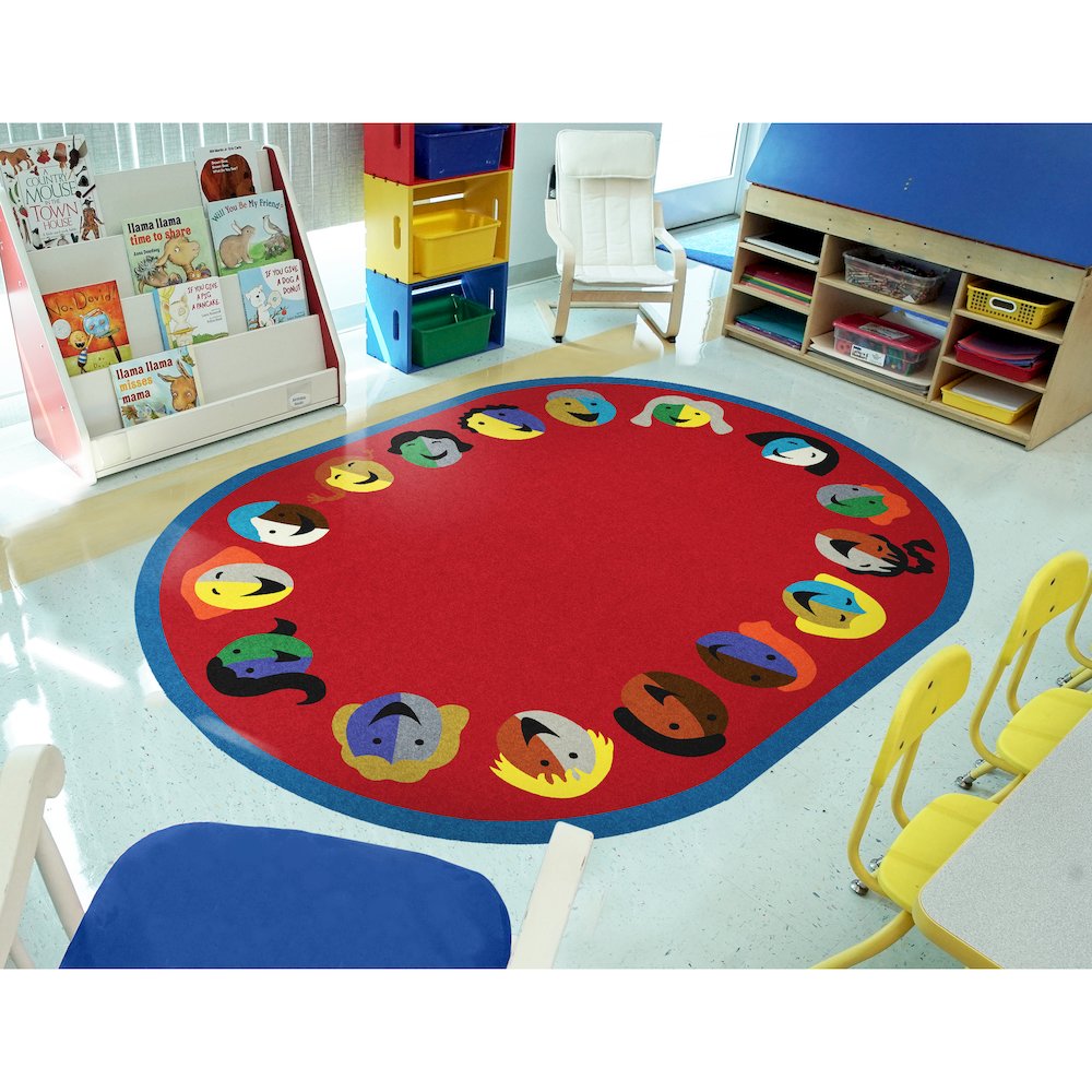 Kid Essentials Joyful Faces 7'8" x 10'9" Oval Area Rug in Color Red. Picture 3