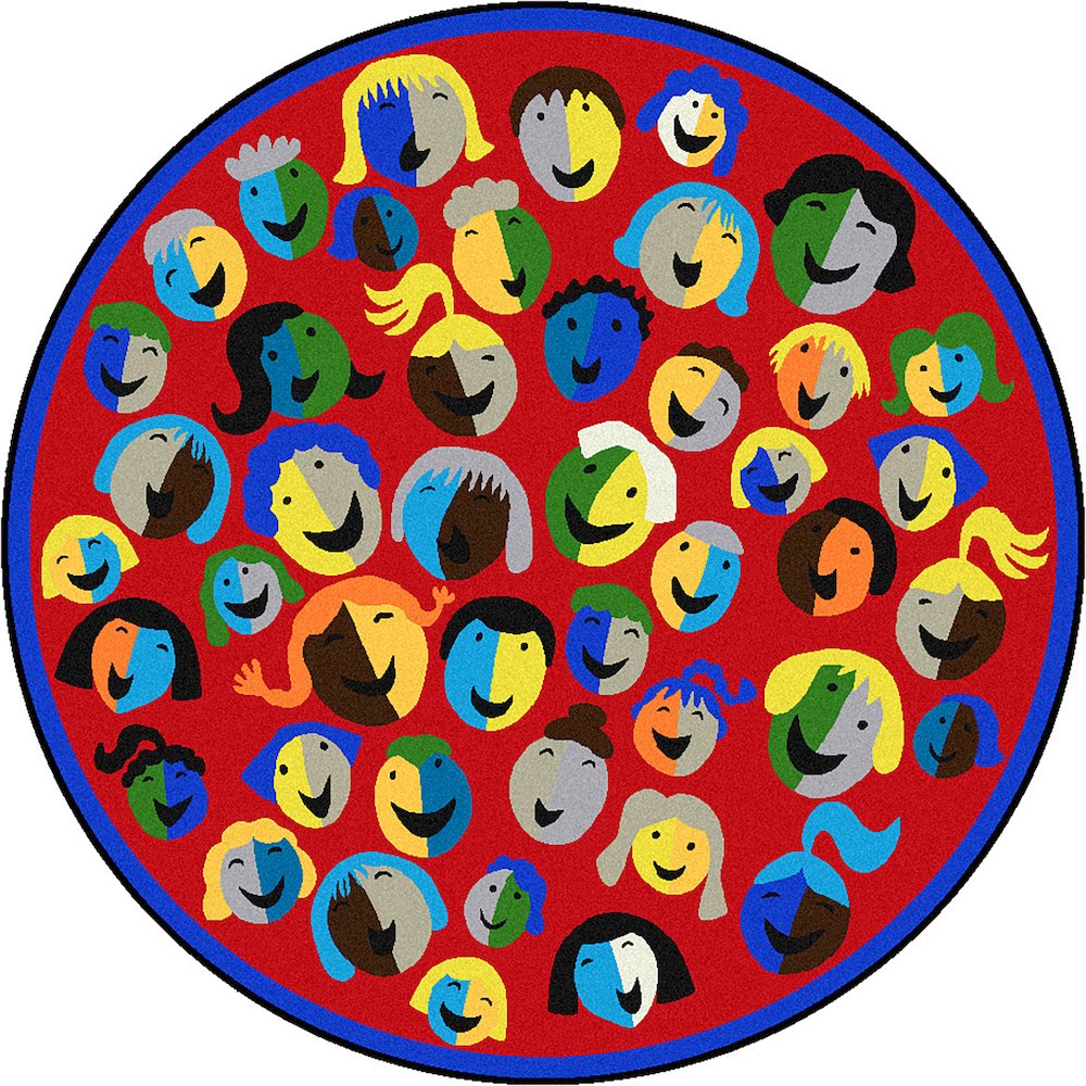 Kid Essentials Joyful Faces 7'7" Round Area Rug in Color Red. Picture 1