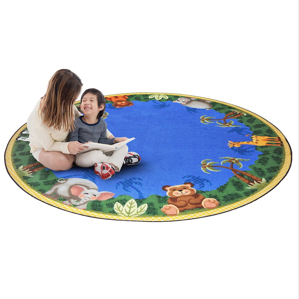 Kid Essentials Jungle Friends 7'7" Round Area Rug in Color Multi. Picture 2