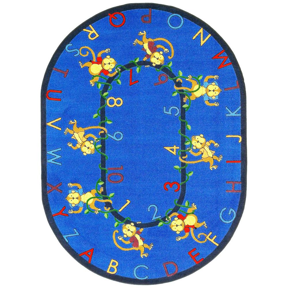 Kid Essentials Monkey Business 5'4" x 7'8" Oval Area Rug in Color Blue. Picture 1